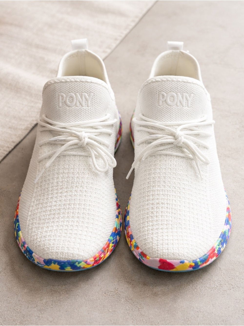PONY White Knit Sneakers Rainbow Sole Size 11